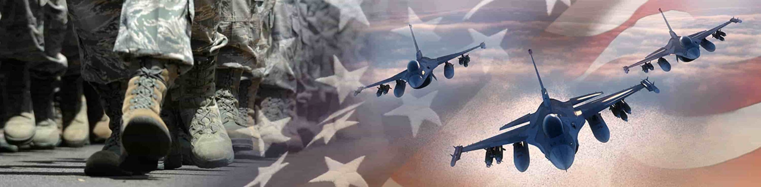Military Montage Military soldiers marching, jet fighters flying, American flag in the background.
